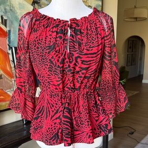 Alice + Olivia Red and Black Animal Print Blouse